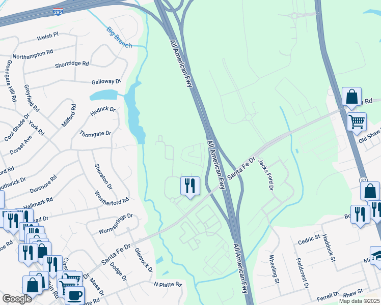 map of restaurants, bars, coffee shops, grocery stores, and more near Santa Fe Drive in Fayetteville