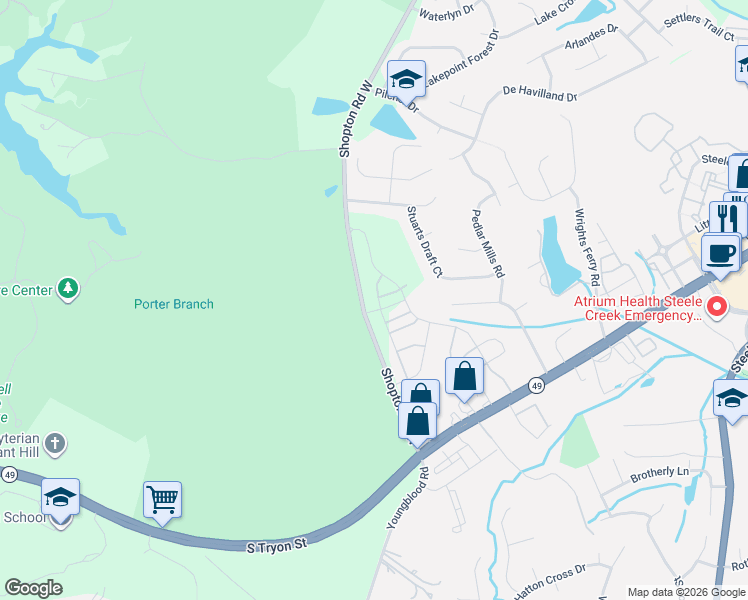 map of restaurants, bars, coffee shops, grocery stores, and more near 16051-16481 Shopton Road West in Charlotte