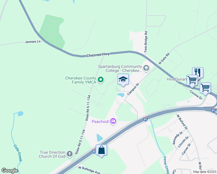 map of restaurants, bars, coffee shops, grocery stores, and more near 212 Stonecrest Lane in Gaffney