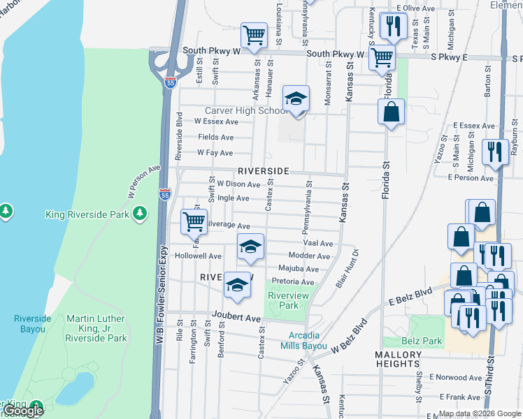 map of restaurants, bars, coffee shops, grocery stores, and more near 238 Kirk Avenue in Memphis