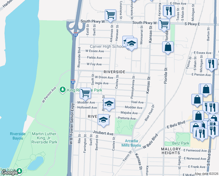 map of restaurants, bars, coffee shops, grocery stores, and more near 238 Kirk Avenue in Memphis