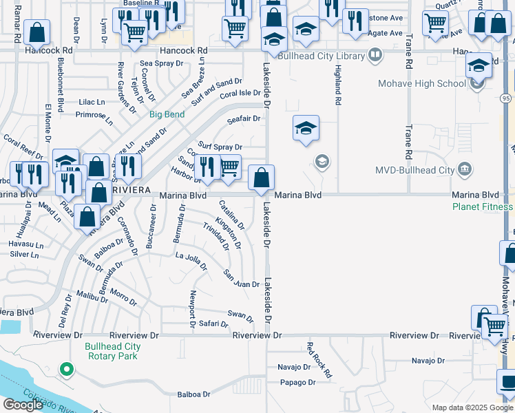 map of restaurants, bars, coffee shops, grocery stores, and more near 2020 Bahama Drive in Bullhead City