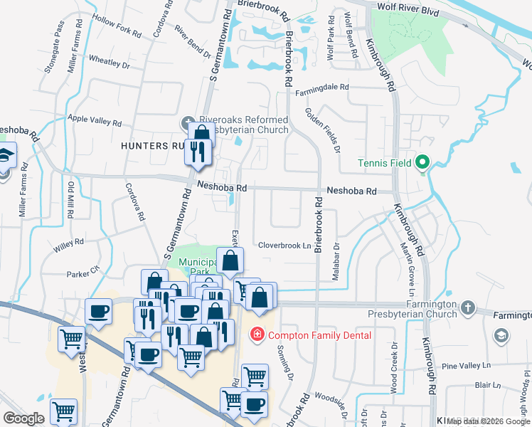 map of restaurants, bars, coffee shops, grocery stores, and more near 1799 Teddington Dr in Germantown