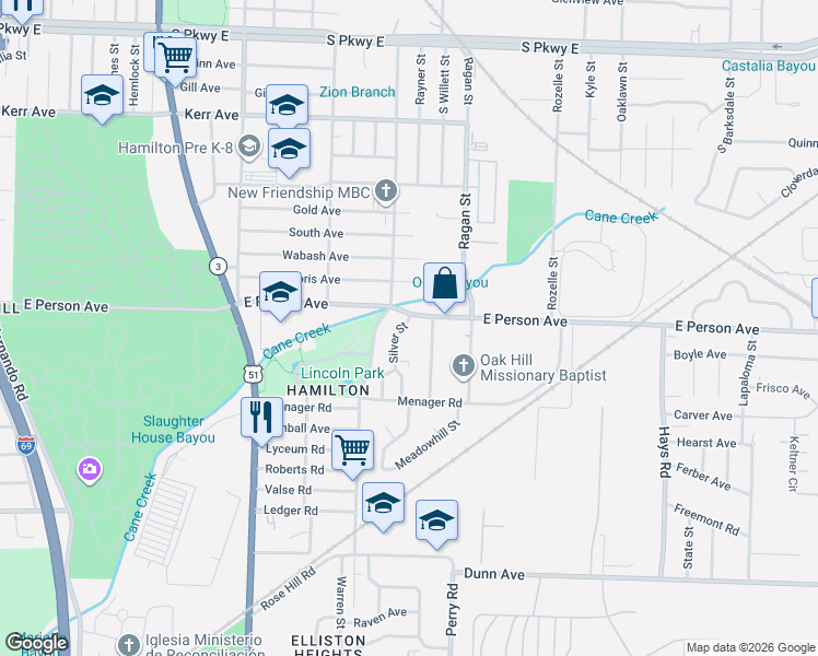 map of restaurants, bars, coffee shops, grocery stores, and more near 1660 Silver Street in Memphis