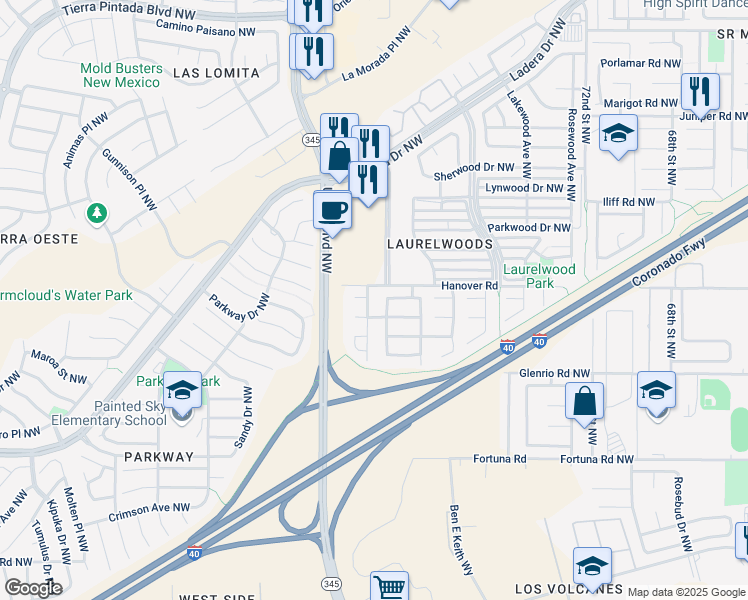 map of restaurants, bars, coffee shops, grocery stores, and more near 1412 Alwood Drive Northwest in Albuquerque