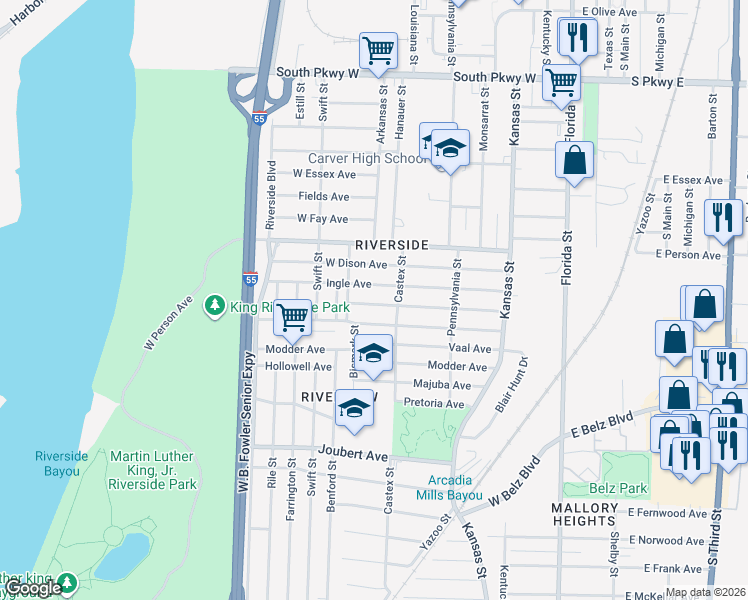 map of restaurants, bars, coffee shops, grocery stores, and more near 238 Kirk Avenue in Memphis