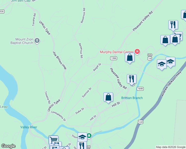 map of restaurants, bars, coffee shops, grocery stores, and more near 137 Spring Lane in Murphy