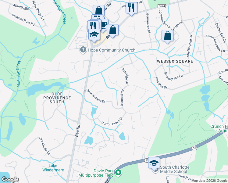 map of restaurants, bars, coffee shops, grocery stores, and more near 4601 Benridge Lane in Charlotte