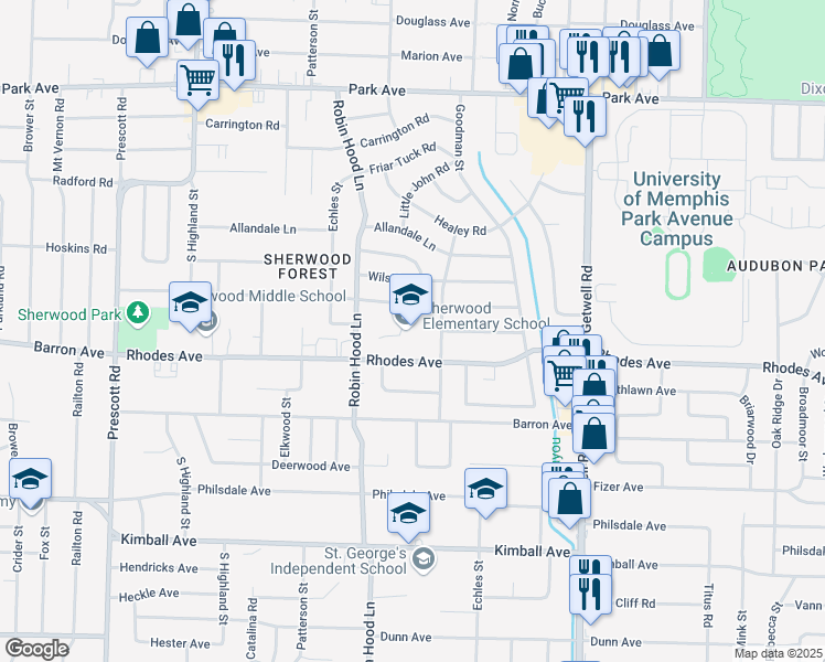 map of restaurants, bars, coffee shops, grocery stores, and more near 1156 Robin Hood Lane in Memphis