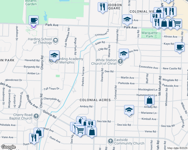 map of restaurants, bars, coffee shops, grocery stores, and more near 1161 South Perkins Road in Memphis