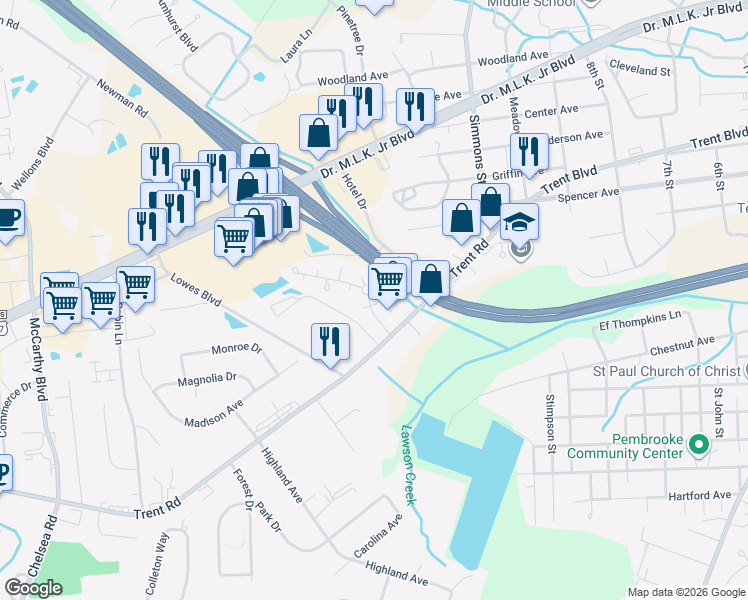 map of restaurants, bars, coffee shops, grocery stores, and more near 2411 Richmond Court in New Bern