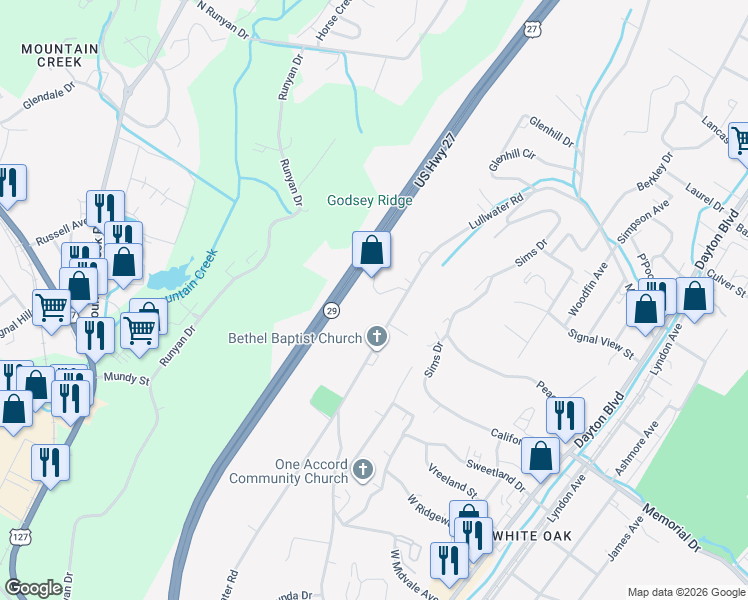 map of restaurants, bars, coffee shops, grocery stores, and more near 510 Mountain Ridge Road in Chattanooga