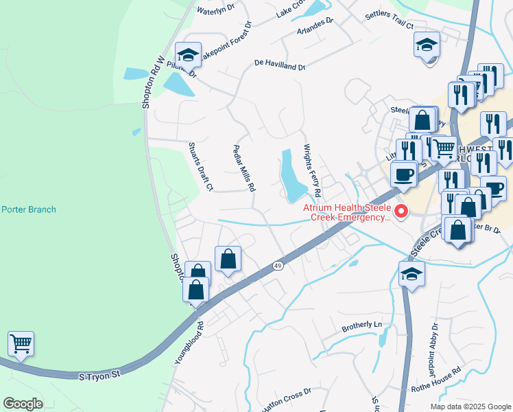 map of restaurants, bars, coffee shops, grocery stores, and more near 16223 Greybriar Forest Lane in Charlotte