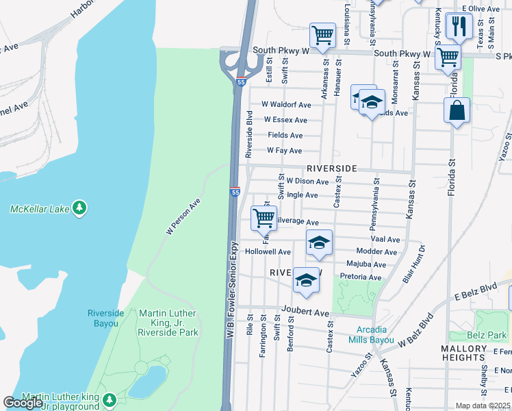 map of restaurants, bars, coffee shops, grocery stores, and more near 1744 Rile Street in Memphis