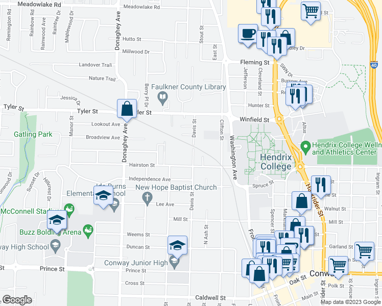 map of restaurants, bars, coffee shops, grocery stores, and more near 1527 Davis Street in Conway