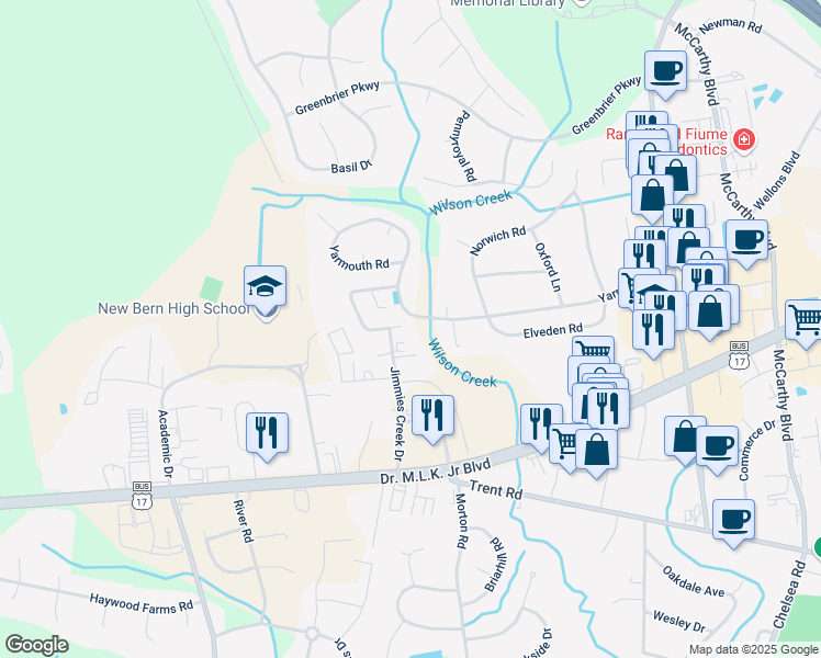map of restaurants, bars, coffee shops, grocery stores, and more near 3908 Yarmouth Rd in New Bern