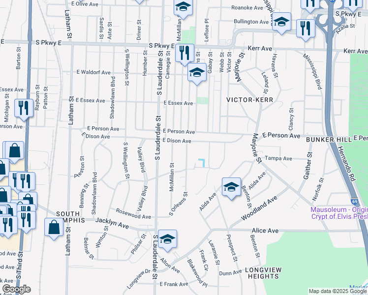 map of restaurants, bars, coffee shops, grocery stores, and more near 1721 South Orleans Street in Memphis