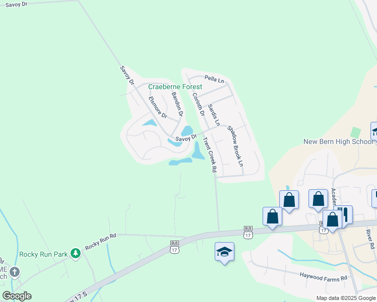 map of restaurants, bars, coffee shops, grocery stores, and more near 109 Craftsman Drive in New Bern