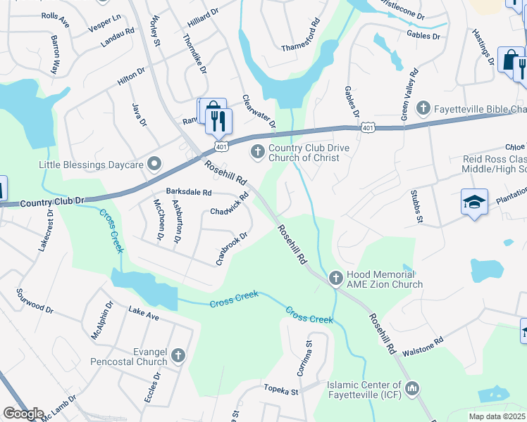 map of restaurants, bars, coffee shops, grocery stores, and more near 3612 Cranbrook Drive in Fayetteville