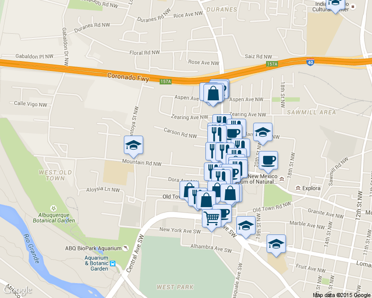 map of restaurants, bars, coffee shops, grocery stores, and more near 2522 Carson Road Northwest in Albuquerque