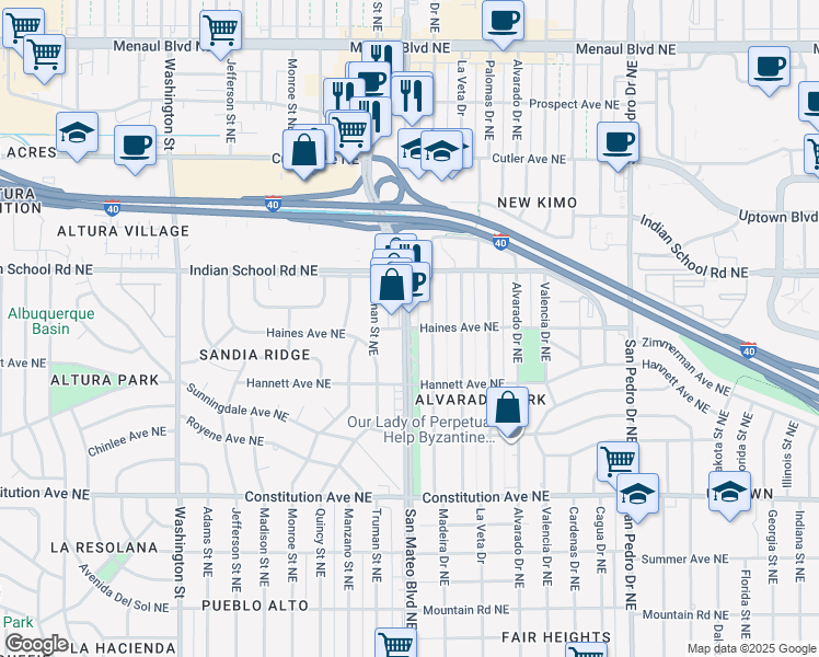 map of restaurants, bars, coffee shops, grocery stores, and more near San Mateo Blvd NE & Haines Ave NE in Albuquerque