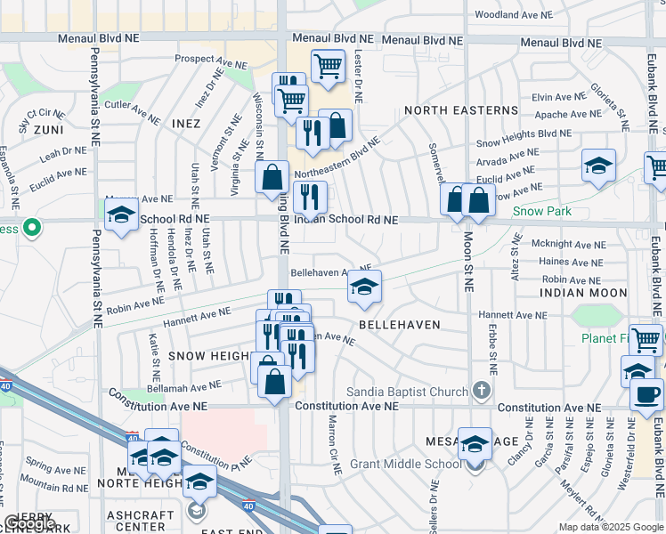 map of restaurants, bars, coffee shops, grocery stores, and more near 8705 Bellehaven Avenue Northeast in Albuquerque
