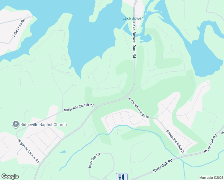 map of restaurants, bars, coffee shops, grocery stores, and more near 127 North Woodfin Ridge Drive in Inman