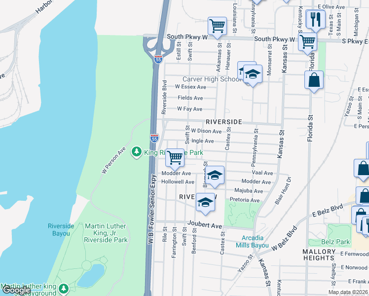 map of restaurants, bars, coffee shops, grocery stores, and more near 1743 Swift Street in Memphis