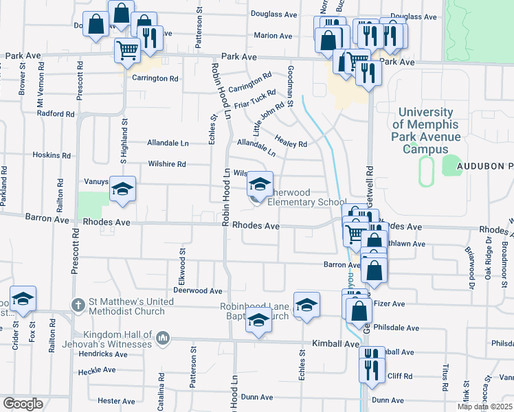 map of restaurants, bars, coffee shops, grocery stores, and more near 1156 Robin Hood Lane in Memphis