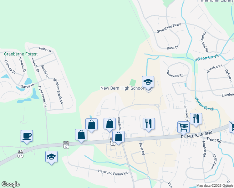 map of restaurants, bars, coffee shops, grocery stores, and more near 136 Nathan Tisdale Lane in New Bern
