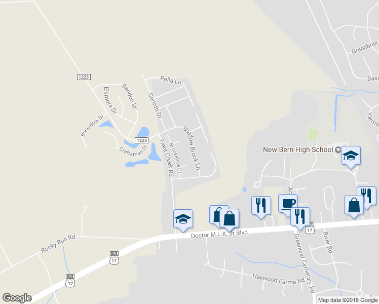 map of restaurants, bars, coffee shops, grocery stores, and more near 115 Shadow Brook Lane in New Bern