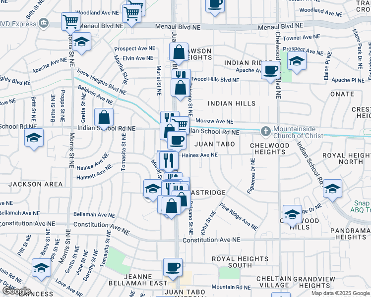 map of restaurants, bars, coffee shops, grocery stores, and more near 1706 Juan Tabo Boulevard Northeast in Albuquerque