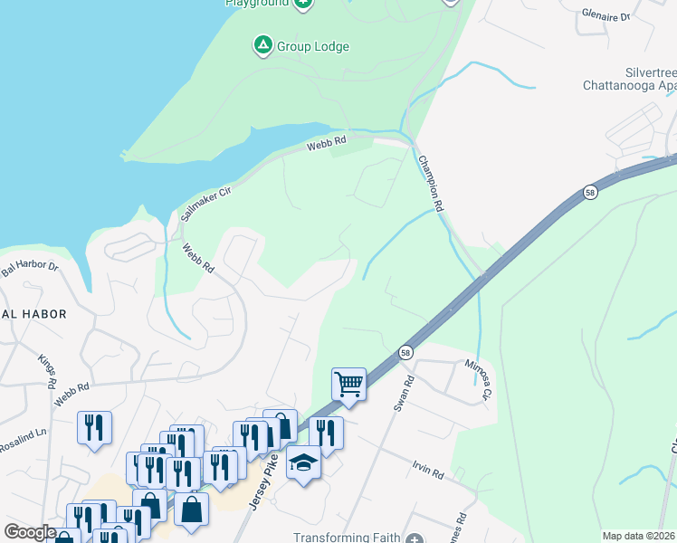 map of restaurants, bars, coffee shops, grocery stores, and more near 4560 Webb Road in Chattanooga