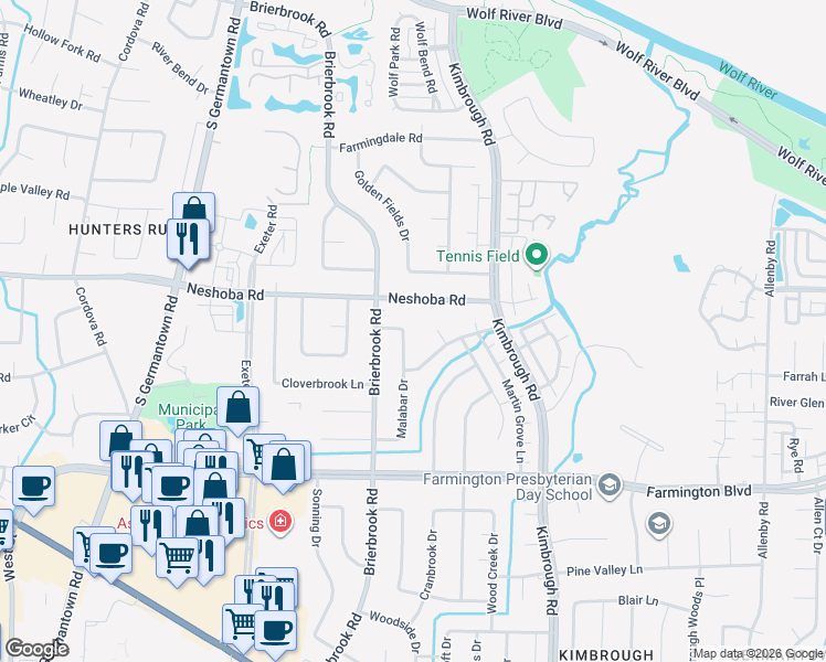 map of restaurants, bars, coffee shops, grocery stores, and more near 1798 Malabar Drive in Germantown