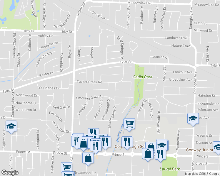 map of restaurants, bars, coffee shops, grocery stores, and more near 5 Sandstone Drive in Conway