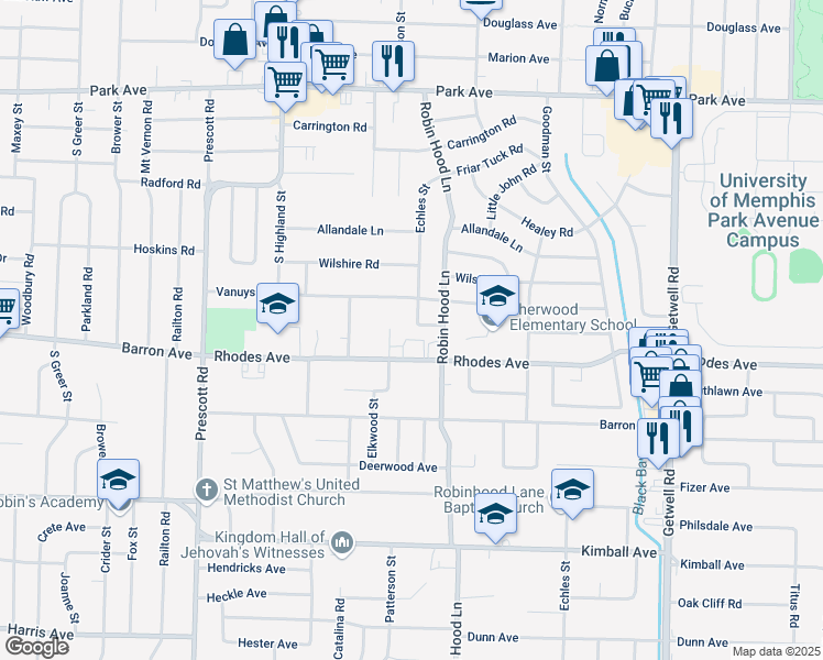 map of restaurants, bars, coffee shops, grocery stores, and more near 1163 Echles Street in Memphis