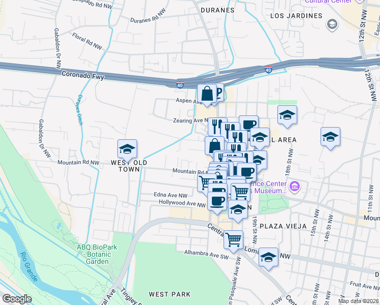 map of restaurants, bars, coffee shops, grocery stores, and more near 2444 Pueblo Bonito Court Northwest in Albuquerque