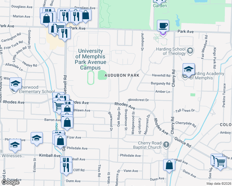 map of restaurants, bars, coffee shops, grocery stores, and more near 1159 Oak Ridge Drive in Memphis