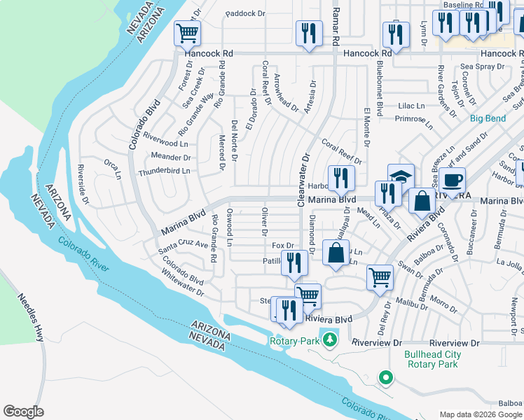 map of restaurants, bars, coffee shops, grocery stores, and more near 425 Emery Drive in Bullhead City