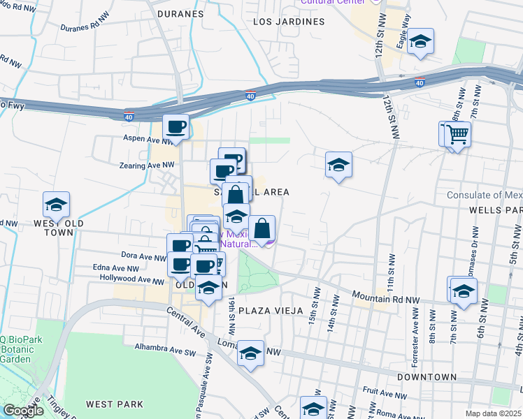 map of restaurants, bars, coffee shops, grocery stores, and more near 1820 Bellamah Avenue Northwest in Albuquerque