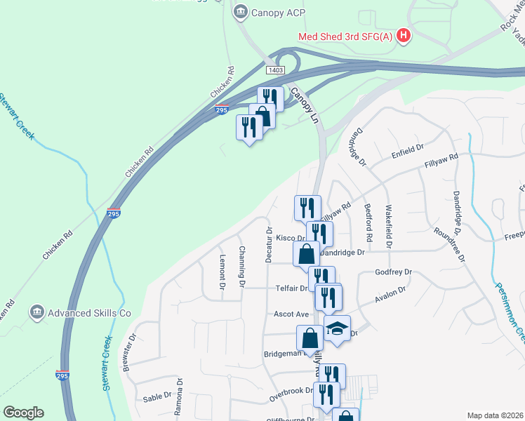 map of restaurants, bars, coffee shops, grocery stores, and more near 7518 Seaton Pl in Fayetteville