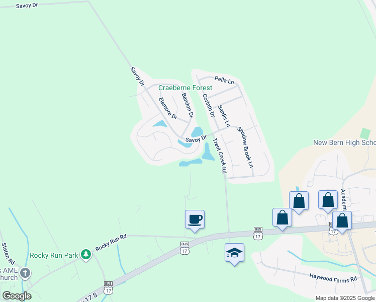 map of restaurants, bars, coffee shops, grocery stores, and more near 110 Craftsman Drive in New Bern