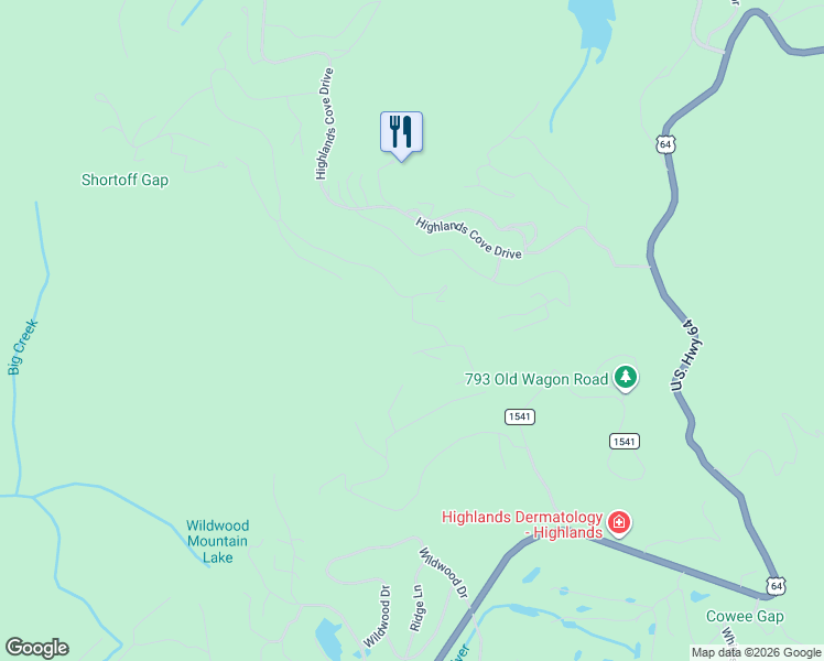 map of restaurants, bars, coffee shops, grocery stores, and more near 92 Highlands Country Club in Highlands