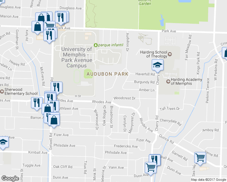 map of restaurants, bars, coffee shops, grocery stores, and more near 1142 Audubon Drive in Memphis