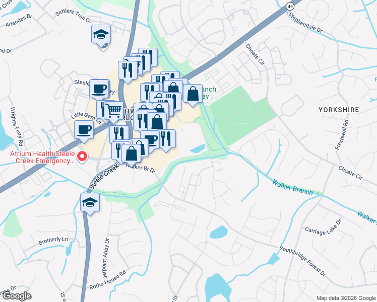 map of restaurants, bars, coffee shops, grocery stores, and more near 14504 Rivergate Parkway in Charlotte