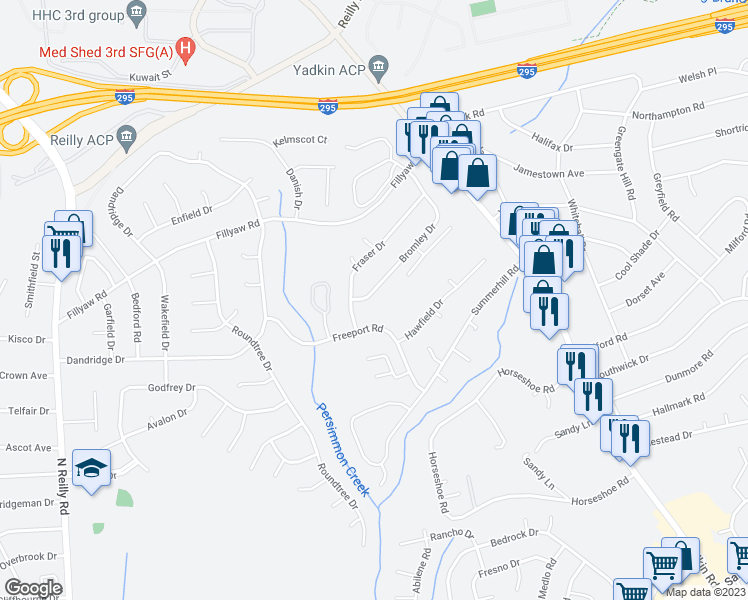 map of restaurants, bars, coffee shops, grocery stores, and more near 1208 Bromley Drive in Fayetteville