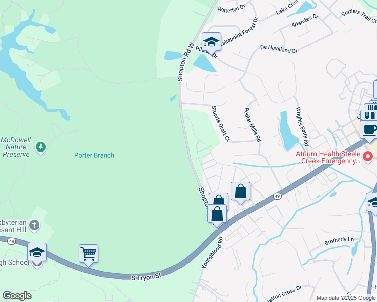 map of restaurants, bars, coffee shops, grocery stores, and more near 16051 Shopton Road West in Charlotte