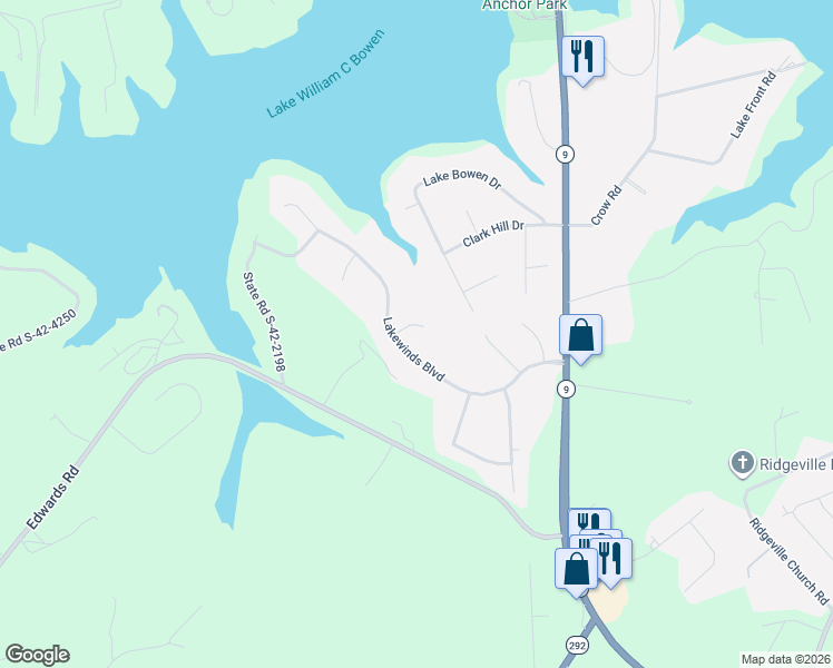 map of restaurants, bars, coffee shops, grocery stores, and more near 106 Point Bluff Court in Inman