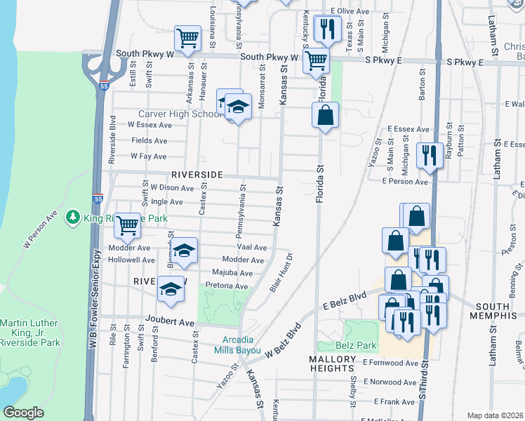 map of restaurants, bars, coffee shops, grocery stores, and more near 95 Ingle Avenue in Memphis