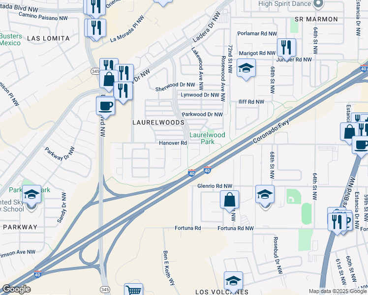 map of restaurants, bars, coffee shops, grocery stores, and more near 1416 Tanglewood Place Northwest in Albuquerque